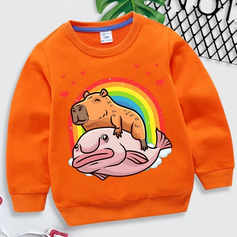 Capybara Giant Graphics Megztiniai Mergaičių berniukų Vaivorykštės Širdelės Moletom Infantil Harajuku Gyvūnų megztiniai Juokingi prekės ženklo Vaikiški Drabužiai