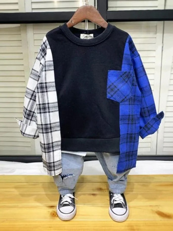 Корейска ежедневна долна риза Тийнейджърска топ с дълъг ръкав Модна бебешка момчешка карирана пачуърк пуловер пролет есен памучна риза 3-12 години