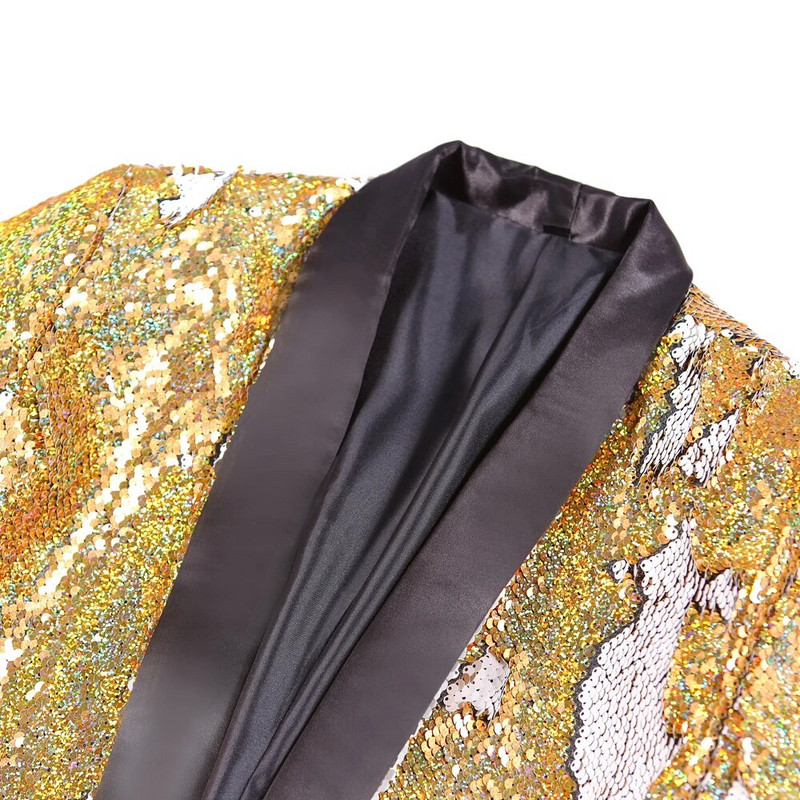 Auksinė blizgučiai, vienos sagos skara, skara, apykaklė, kostiumas, švarkas, vyriškas „Bling Glitter“ naktinis klubas Prom DJ švarkas Prabangūs jaunikio drabužiai