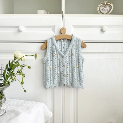 deer jonmi 2024 uued kevadised laste kootud vestid, õõnsad tikandid, varrukateta kardigan korea stiilis beebitüdrukute vestid