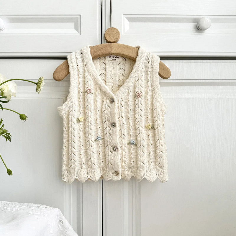 deer jonmi 2024 uued kevadised laste kootud vestid, õõnsad tikandid, varrukateta kardigan korea stiilis beebitüdrukute vestid