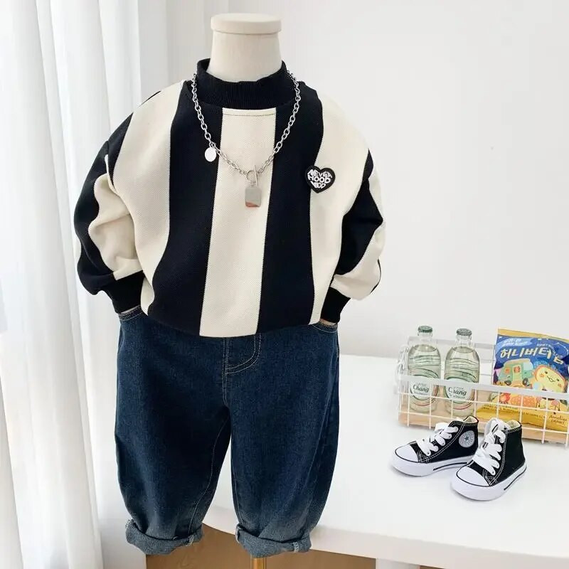 Kevadised lapsed poiste kampsunid Pusad Mood poisid Must Valge triibuline särk Laste O-kaelusega vabaaja Spordisärgid Lasteriided