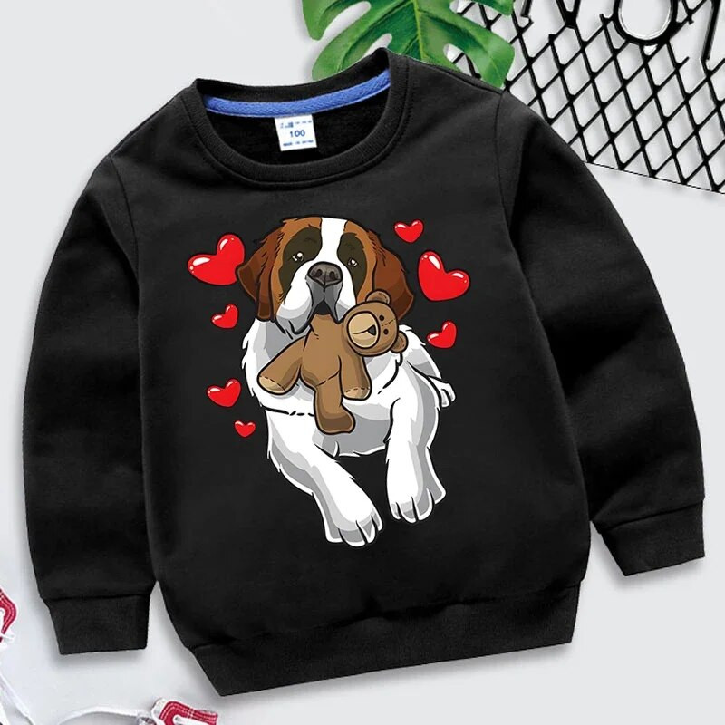 Módne mikiny so svätým Bernardom a srdcom, detské oblečenie, kawaii zvieratká, detská mikina, ležérna dievčenská mikina s kapucňou a motívom srdca