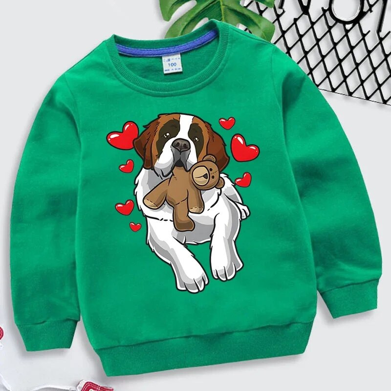 Módne mikiny so svätým Bernardom a srdcom, detské oblečenie, kawaii zvieratká, detská mikina, ležérna dievčenská mikina s kapucňou a motívom srdca