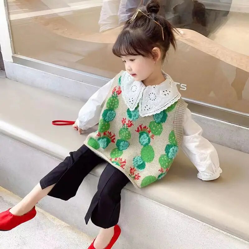 Mažylių mergaičių Florear O kaklo megztinis liemenė be rankovių megztinis megztas liemenė vaikams laisvas mielas megztas viršutinių drabužių paltas 2-8Y