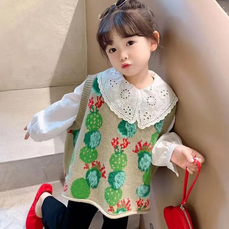 Mažylių mergaičių Florear O kaklo megztinis liemenė be rankovių megztinis megztas liemenė vaikams laisvas mielas megztas viršutinių drabužių paltas 2-8Y