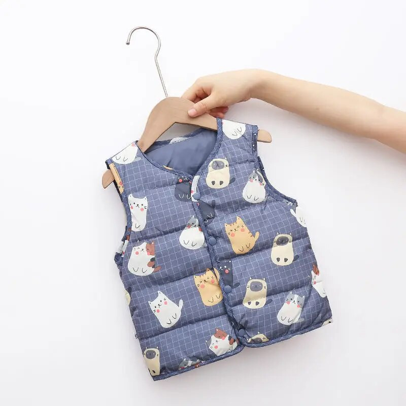 Roztomilá kreslená potlač vzoru Detská teplá vesta Jesenná zima Detská módna vesta Vrchné oblečenie Vesta Chlapci Dievčatá Ľahká univerzálna páperová vesta