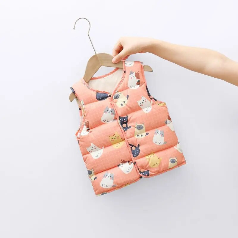Roztomilá kreslená potlač vzoru Detská teplá vesta Jesenná zima Detská módna vesta Vrchné oblečenie Vesta Chlapci Dievčatá Ľahká univerzálna páperová vesta