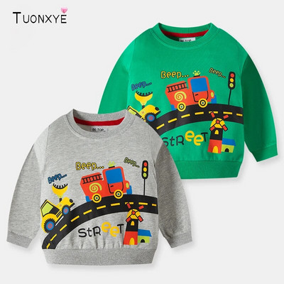TUONXYE Chlapčenské mikiny s dlhým rukávom, kreslený vzor s bagrom, mäkké, teplé, priedušné, bavlnené, detské mikiny