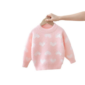 Детски удебелен пуловер с кожа от норка Пролет Есен Нов корейски плетен пуловер с О-образно деколте за момиченце Любовни пуловери с мъниста