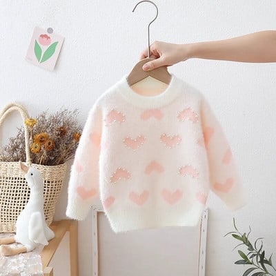 Vaikiškas audinės kailio pastorintas megztinis Pavasaris Ruduo Naujas Korėjos Kūdikių Mergaitės O formos megztinis megztinis su karoliukais