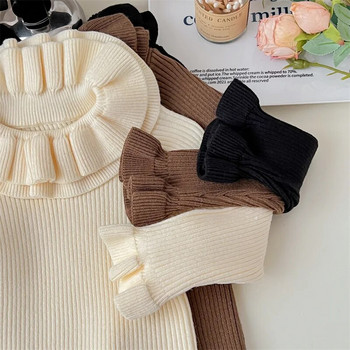 Пуловер с яка с венчелистчета за момичета Корейски детски есенно-зимен удебелен топъл плетен пуловер Тънък горнище с дълъг ръкав