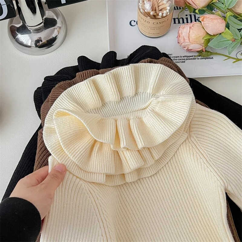 Pulover cu guler cu petale pentru fete copii coreeni toamna iarna Pulover gros tricotat cald cu mânecă lungă Topuri cu fundul