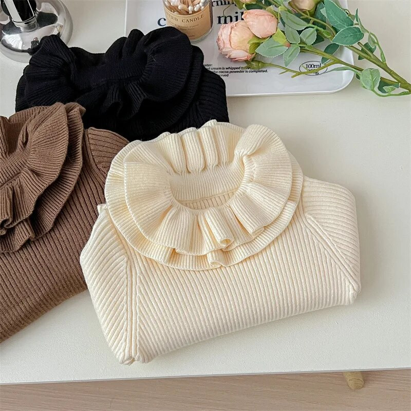 Pulover cu guler cu petale pentru fete copii coreeni toamna iarna Pulover gros tricotat cald cu mânecă lungă Topuri cu fundul