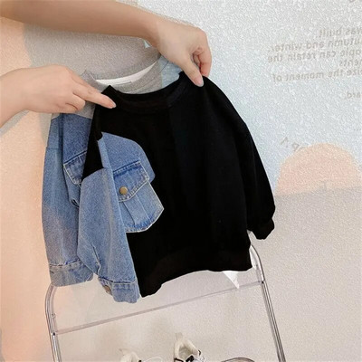 Băieți, primăvară și toamnă, cu gât rotund, cu mânecă lungă, denim, cu panou, pulover, modă, ocazional, plin de viață, îmbrăcăminte pentru copii, hanorace, topuri