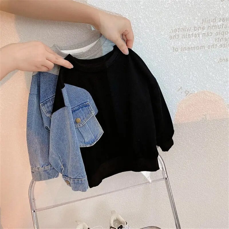 Băieți, primăvară și toamnă, cu gât rotund, cu mânecă lungă, denim, cu panou, pulover, modă, ocazional, plin de viață, îmbrăcăminte pentru copii, hanorace, topuri