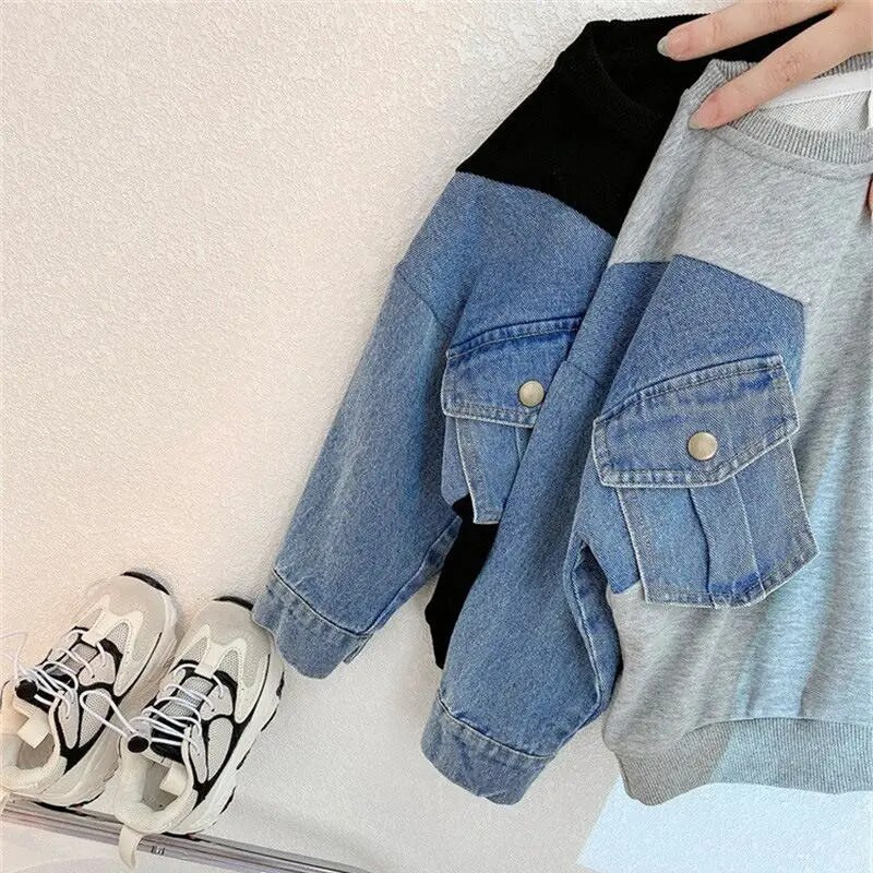 Băieți, primăvară și toamnă, cu gât rotund, cu mânecă lungă, denim, cu panou, pulover, modă, ocazional, plin de viață, îmbrăcăminte pentru copii, hanorace, topuri