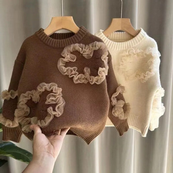 Дантелен пуловер за момичета 2024 Есен/зима Детско облекло Плетен пуловер Удебелен пуловер с бродирана корейска версия за момиче