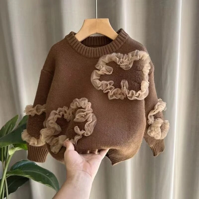 Pulover din dantelă pentru fete 2024 Toamnă/iarna Îmbrăcăminte pentru copii Pulover tricotat Pulover îngroșat pentru fetiță, brodat în versiune coreeană
