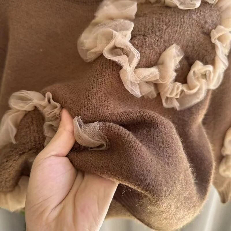 Pulover din dantelă pentru fete 2024 Toamnă/iarna Îmbrăcăminte pentru copii Pulover tricotat Pulover îngroșat pentru fetiță, brodat în versiune coreeană