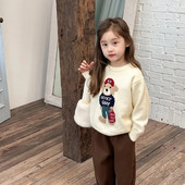 Zimski dječji džemper u korejskom stilu s crtanim medvjedom Flocking pletenina Djevojčice mekani labavi topli pleteni pulover s O-izrezom