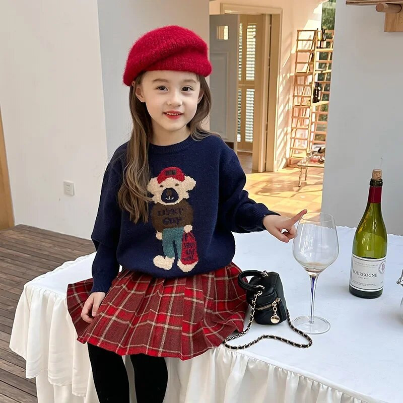 Zimski dječji džemper u korejskom stilu s crtanim medvjedom Flocking pletenina Djevojčice mekani labavi topli pleteni pulover s O-izrezom