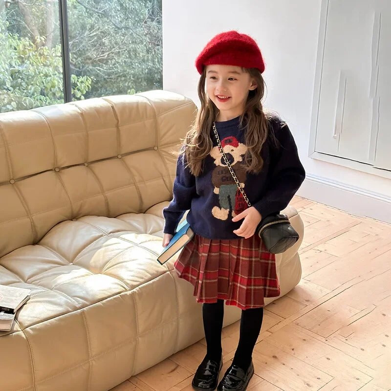 Zimski dječji džemper u korejskom stilu s crtanim medvjedom Flocking pletenina Djevojčice mekani labavi topli pleteni pulover s O-izrezom