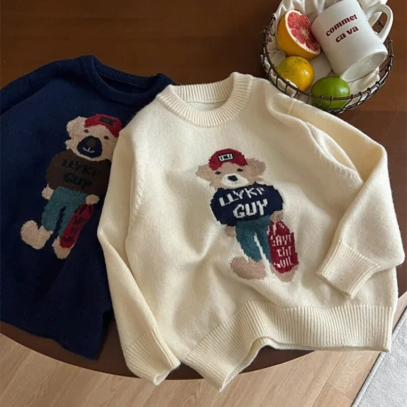 Zimski dječji džemper u korejskom stilu s crtanim medvjedom Flocking pletenina Djevojčice mekani labavi topli pleteni pulover s O-izrezom