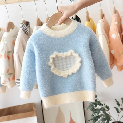 Dievčenský zahustený sveter s výstrihom do O, mäkký pletený pulóver s imitáciou norkového dreva, topy s lemom, jeseň/zima 2023, nové dievčenské svetre