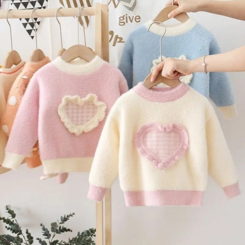 Dievčenský zahustený sveter s výstrihom do O, mäkký pletený pulóver s imitáciou norkového dreva, topy s lemom, jeseň/zima 2023, nové dievčenské svetre