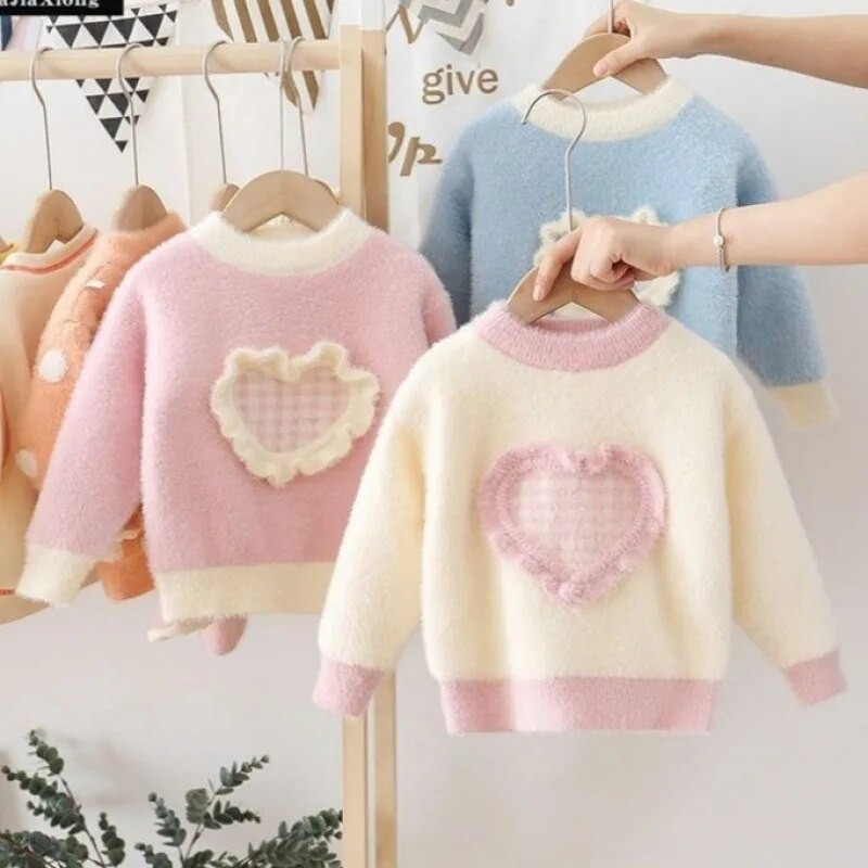 Dievčenský zahustený sveter s výstrihom do O, mäkký pletený pulóver s imitáciou norkového dreva, topy s lemom, jeseň/zima 2023, nové dievčenské svetre