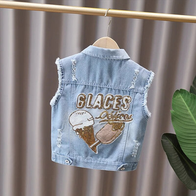 Dievčenské džínsové vesty, jarné a jesenné klopové bez rukávov, detské vesty, roztomilé ležérne jednoradové džínsové vrchné oblečenie