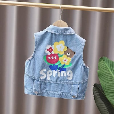Dievčenské džínsové vesty, jarné a jesenné klopové bez rukávov, detské vesty, roztomilé ležérne jednoradové džínsové vrchné oblečenie