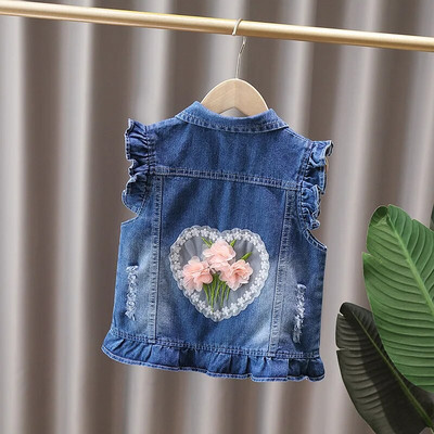 Dievčenské džínsové vesty, jarné a jesenné klopové bez rukávov, detské vesty, roztomilé ležérne jednoradové džínsové vrchné oblečenie