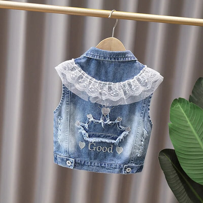 Dievčenské džínsové vesty, jarné a jesenné klopové bez rukávov, detské vesty, roztomilé ležérne jednoradové džínsové vrchné oblečenie