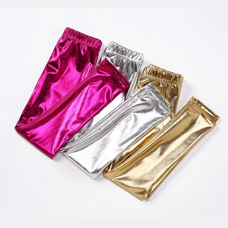 Dievčenské legíny z lycry zlatej farby, strieborno-ružové, metalické, skinny, dlhé, 2-9 rokov