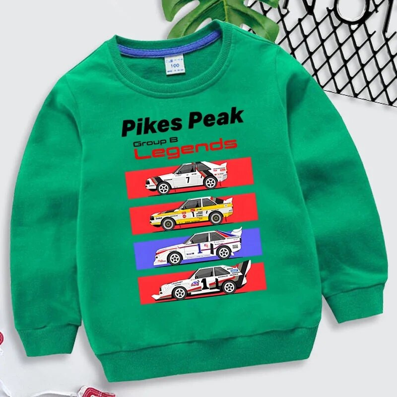 Pikes Peak B-grupi legendid Prindid Lasteriided Ralliautode pusad Ajalooline B-grupi ralliauto dressipluus poisid, tüdrukud, Y2k Sudadera