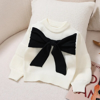 Dievčenský zahustený sveter červený sveter s roztomilou mašľou a výstrihom do O-tvaru s dlhým rukávom, pletené topy, jeseň/zima, nové detské teplé svetre