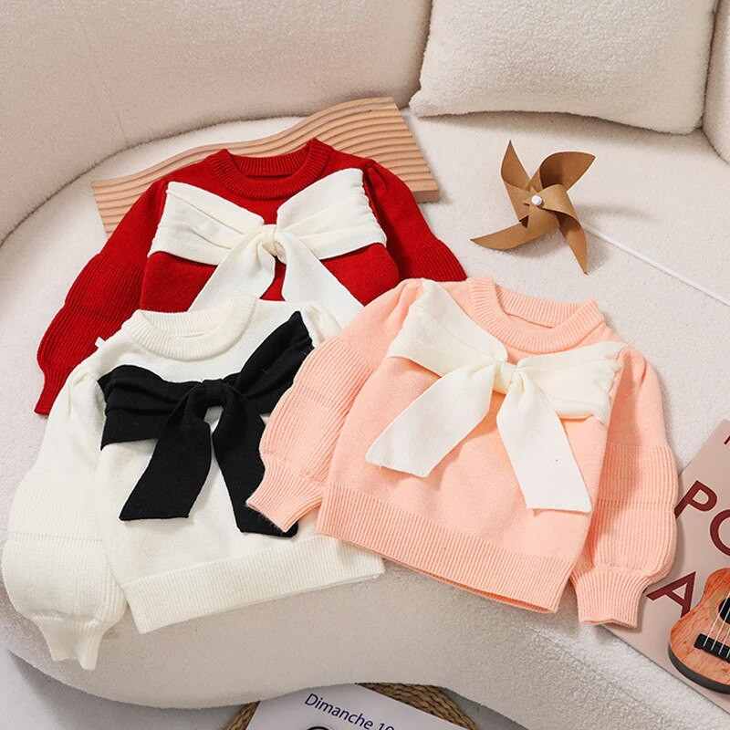 Dievčenský zahustený sveter červený sveter s roztomilou mašľou a výstrihom do O-tvaru s dlhým rukávom, pletené topy, jeseň/zima, nové detské teplé svetre