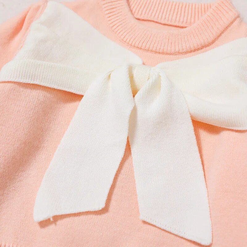 Dievčenský zahustený sveter červený sveter s roztomilou mašľou a výstrihom do O-tvaru s dlhým rukávom, pletené topy, jeseň/zima, nové detské teplé svetre