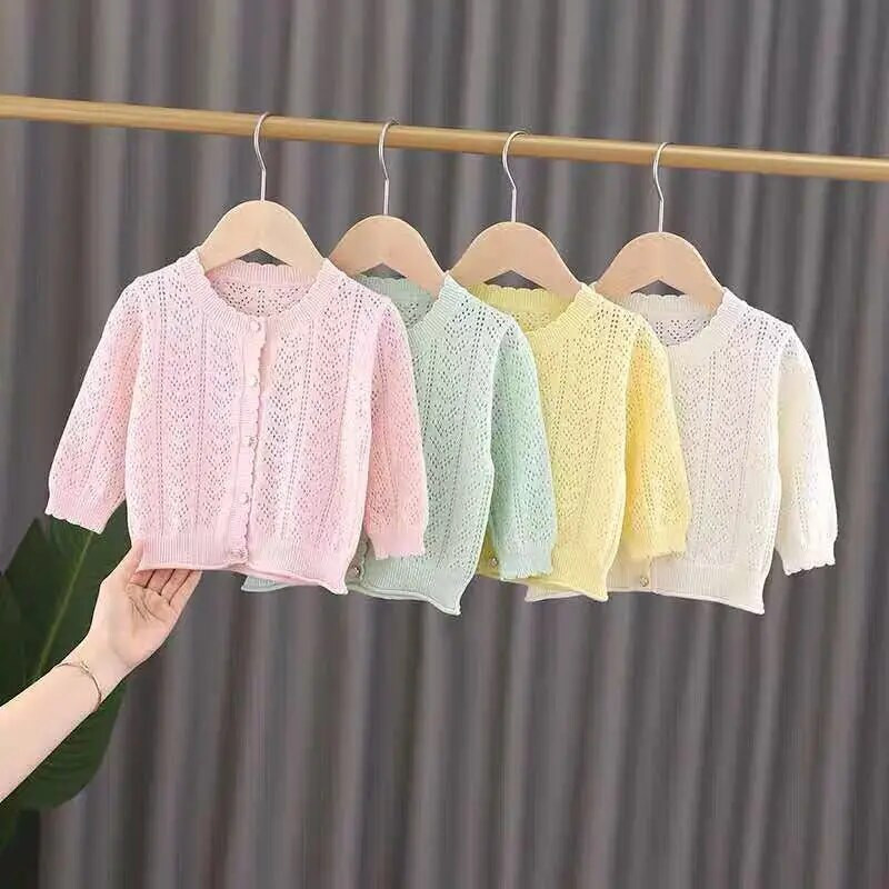 Kevad-sügis armas pitsmantel tüdrukule kootud kardigan suvine õhuke õõnsaga kootud särk Beebitüdruku sall mantel Konditsioneeriga särk