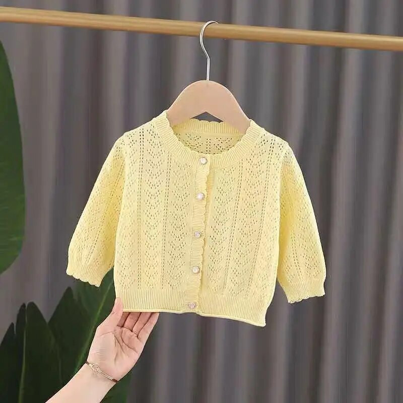 Kevad-sügis armas pitsmantel tüdrukule kootud kardigan suvine õhuke õõnsaga kootud särk Beebitüdruku sall mantel Konditsioneeriga särk