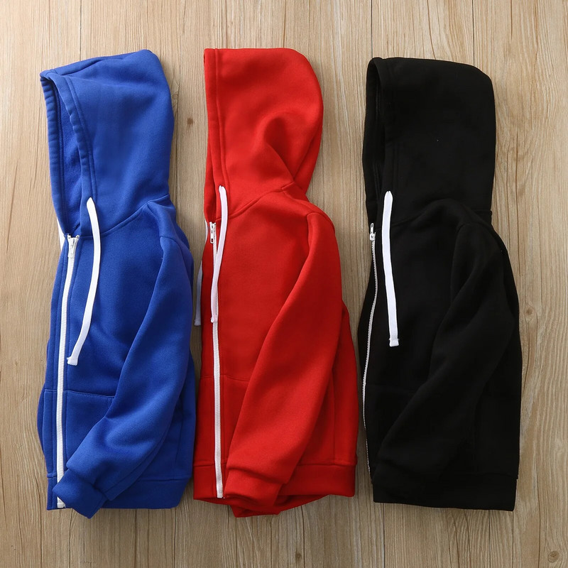 Poiste tuulepluus jakk, ühevärviline tõmblukuga kapuuts, poiste topp pikkade varrukatega, tüdrukute, poiste mantel ja jakk