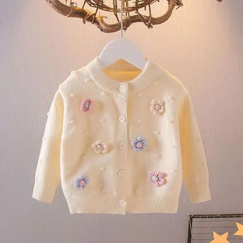 Детски пуловер за момичета Корейска плетена жилетка 2023 Ново есенно горнище на цветя Детско универсално палто с дълъг ръкав 1 3 5 7T