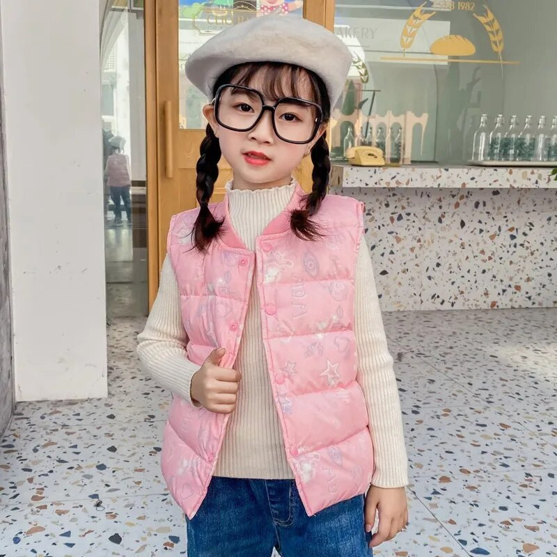 Copii Fete Vestă albă din puf de rață, vestă îngroșată, caldă, îmbrăcăminte exterioară, iarnă, toamnă, jachete, adolescenți, studenți, haine.