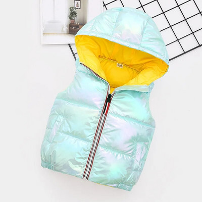 Vestă pentru copii Îmbrăcăminte exterioară Nouă iarnă Paltoane fără mâneci Haine pentru copii Vestă caldă din bumbac cu glugă Bebeluși băieți Fete Vestă lucioasă din puf