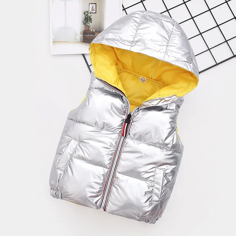 Vestă pentru copii Îmbrăcăminte exterioară Nouă iarnă Paltoane fără mâneci Haine pentru copii Vestă caldă din bumbac cu glugă Bebeluși băieți Fete Vestă lucioasă din puf