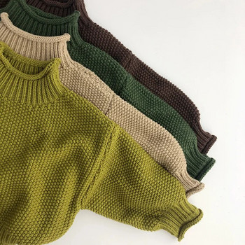Зимни плетени пуловери за бебета в корейски стил, плетени пуловери с чист цвят, удебелени пуловери, горнища, дрехи за малки деца, трикотаж с дълги ръкави и висока яка