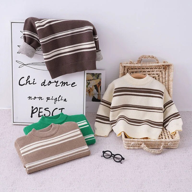 Chlapčenské oblečenie s pruhovaným svetrom, zima 2022, detské hrubé svetre, vysoko kvalitné módne štýlové detské športové oblečenie pre deti vo veku 3-10 rokov