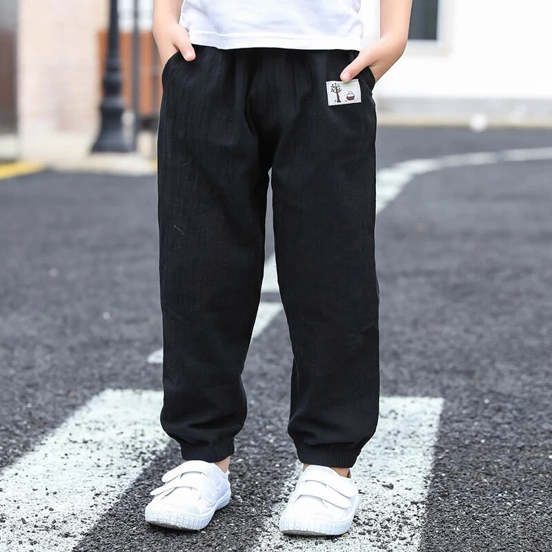 Jednofarebné letné nohavice proti komárom pre deti, chlapcov a dievčatá, bavlnené ľanové nohavice s elastickým pásom, detské oblečenie, dlhé nohavice 100 – 160 cm